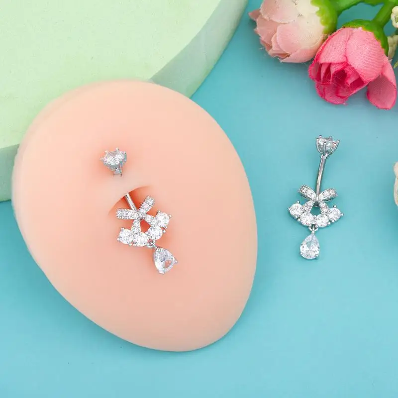 Inner Threaded Belly Button Ring Rose Zirconia Inlaid Stainless Steel Hypoallergenic Navel Jewelry for Dating