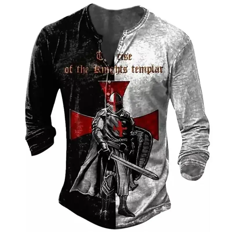 Vintage V Neck Henley 3D Cross Long Sword Long Sleeve Men\'s T Shirt Oversized Top T Shirt Men\'s Punk Streetwear Sports Shirt