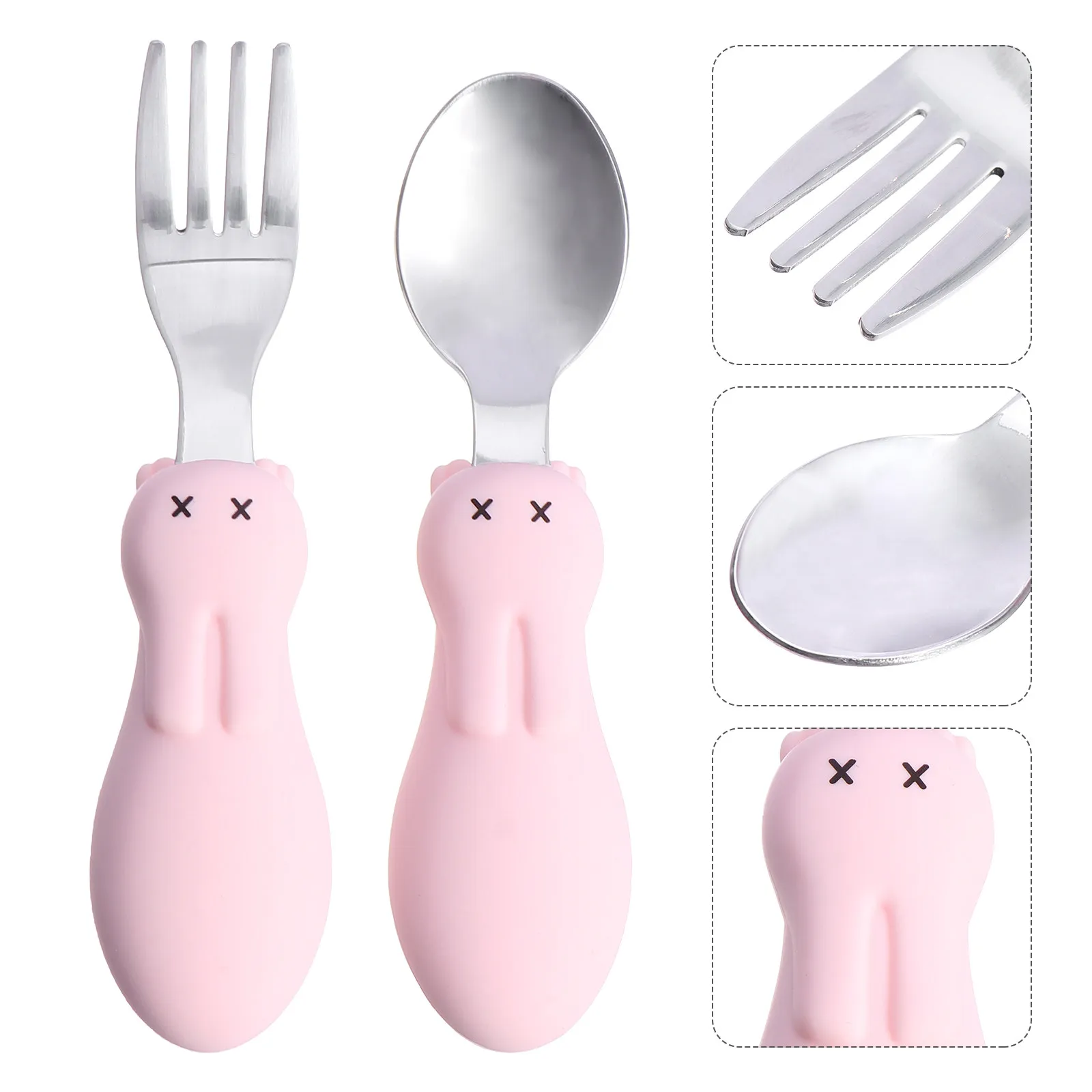 

1 Set Baby Utensils Training Tableware Short Handle Spoon Fork Silicone Stainless Steel Cartoon Rabbit Baby Feeding