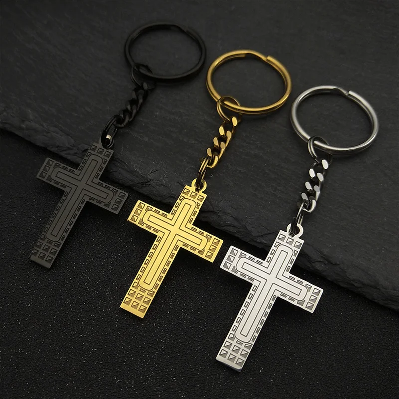 Stainless Steel Jesus Christ Cross Keychain for Women Men Gold/Silver Color Religious Faith Cross Key Chains Jewelry