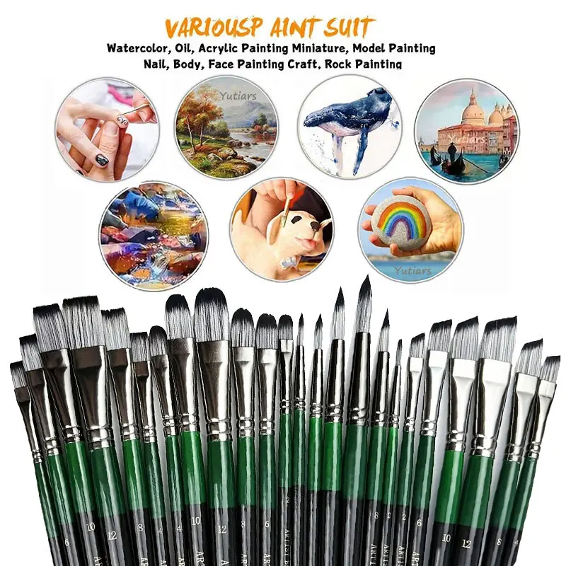 مجموعة فرش طلاء فنية احترافية عالية الجودة مكونة من 6/24 قطعة - أشكال مختلفة بما في ذلك مستديرة، فيلبرت، مسطحة وزاوية للزيت، أكري #6