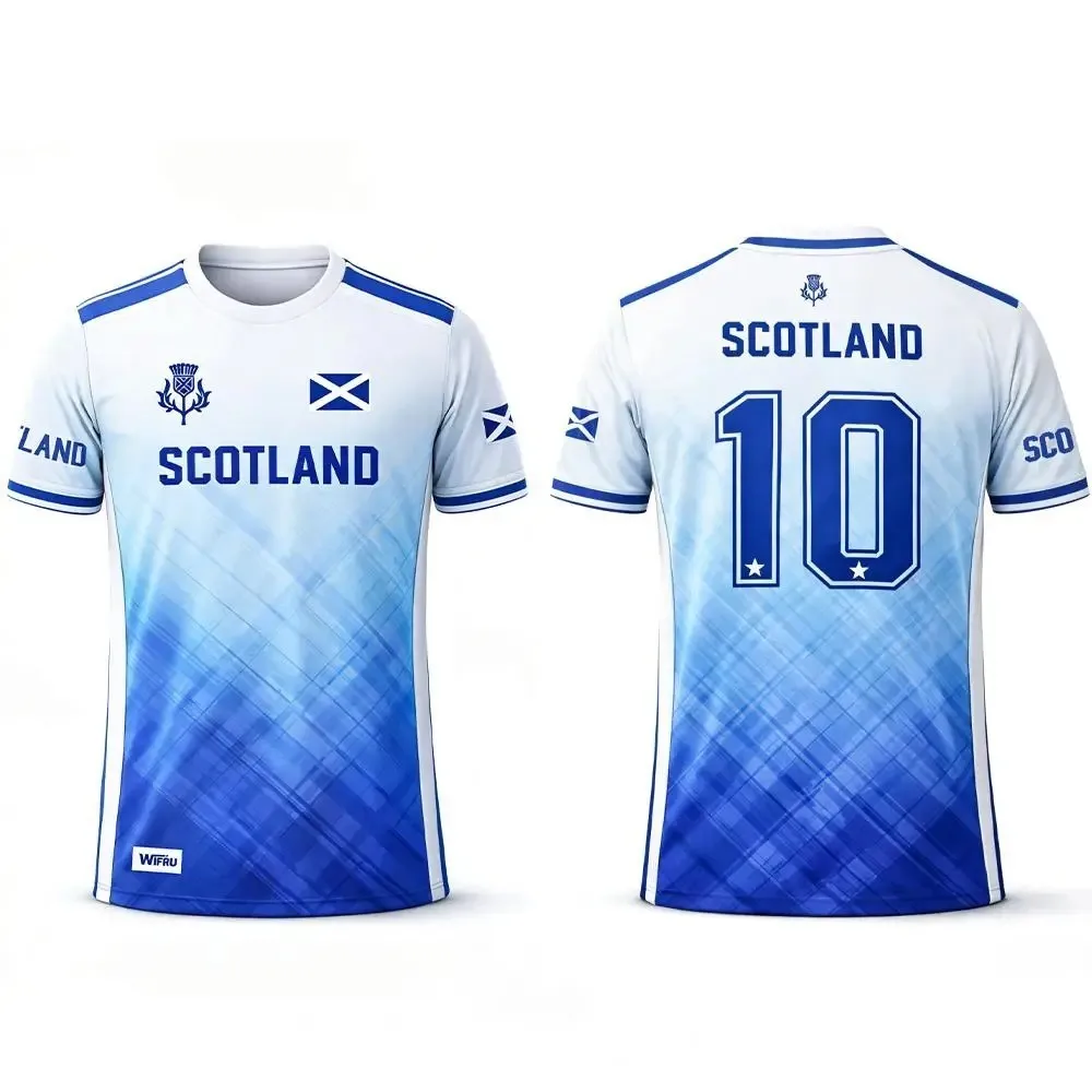 Vintage Scottish Thistle Cross Flag Print Tee Blue Gradient Daily Streetwear Casual Short Sleeve Tops