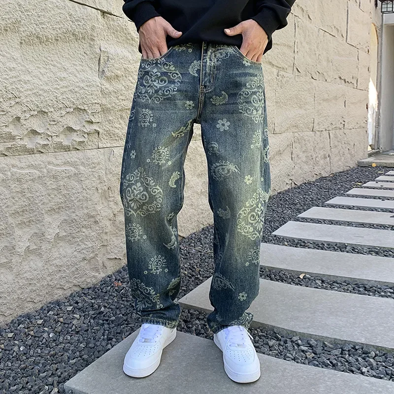

Autumn Winter New Fashion Men's Casual Trendy Peinted Loose Wide Leg Straight Blue Washed Denim Trousers Male Streetwear Jeans
