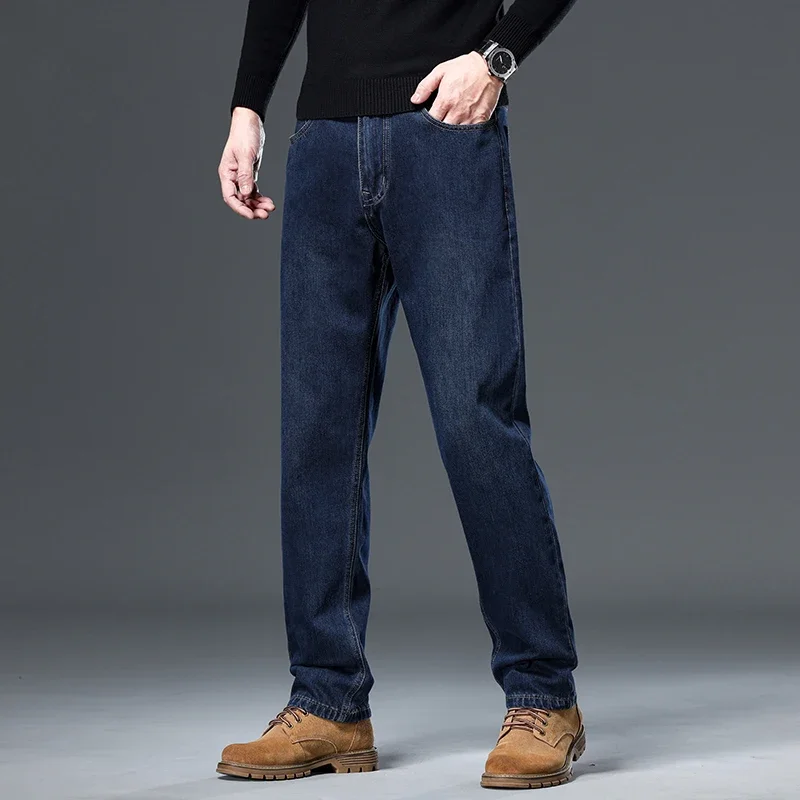 

100% Cotton Classic Men's Jeans Spring Casual Business Fitted Straight Trousers Comfortable Washed Denim Pants Brand Clothes