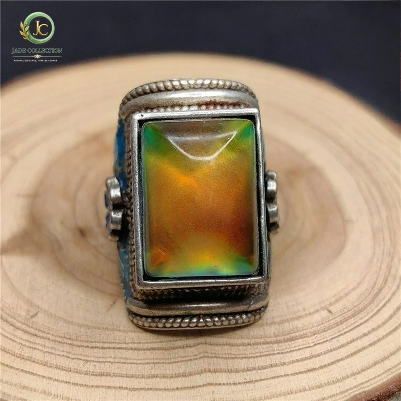 Vintage Tibetan Silver Inlaid Natural Color Changing Gemstone Ring, Ethnic Adjustable Open Band