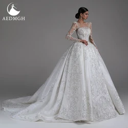 Aedmgh Ball Gown Shiny Wedding Dresses Boat Neck Long Sleeve Bride Dress Lace Beaded Sequined Glamorous Custom Made Bridal Gown