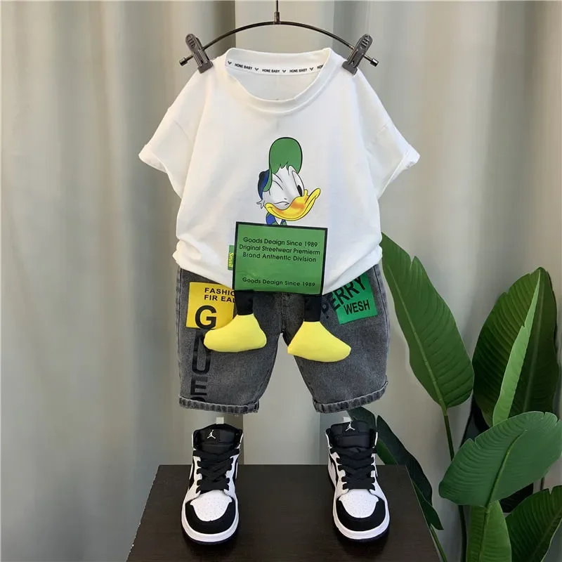 2024 Summer Children\'s Clothing Set Toddler Boys Pullover Short sleeved Striped T-shirt+Black Denim 2Pce Kids Fashion Tracksuit