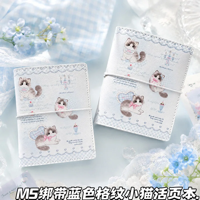New M5 Tied Loose-leaf Notebook Blue Plaid Kitten Portable Handwritten Diary Cartoon Student Journal