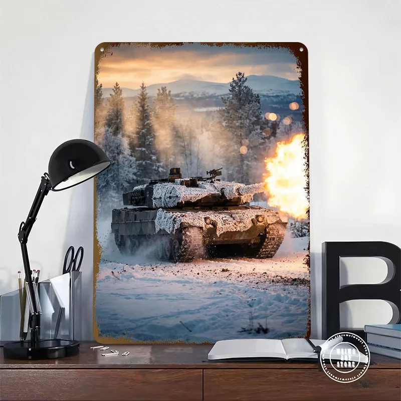 Tank Firing in Snowy Forest Metal Poster Perfect Gift for Fans Lovers Customized Wall Art Metal Sign for Room Decorations Man