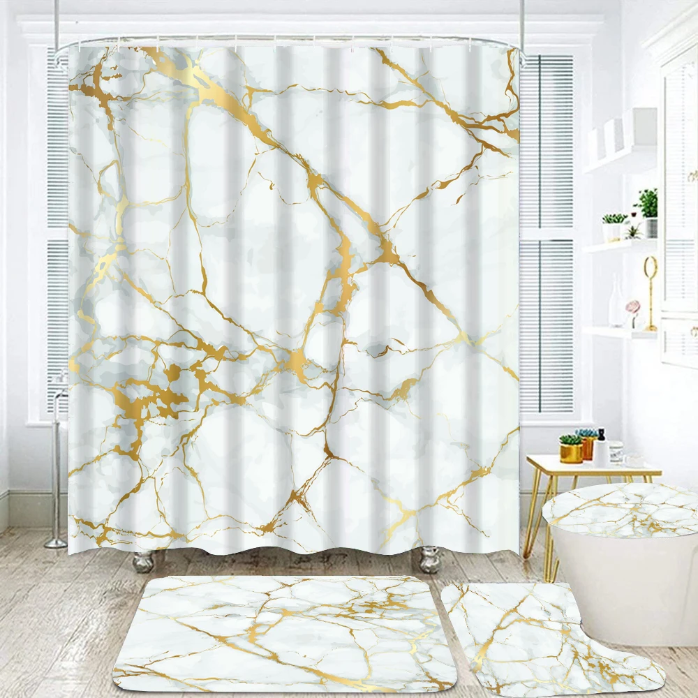 Gray Marble Shower Curtains Texture Luxury Crack Stone Grain Bathroom Curtain Toilet Lid Cover Non-Slip Carpet Bath Mat Set