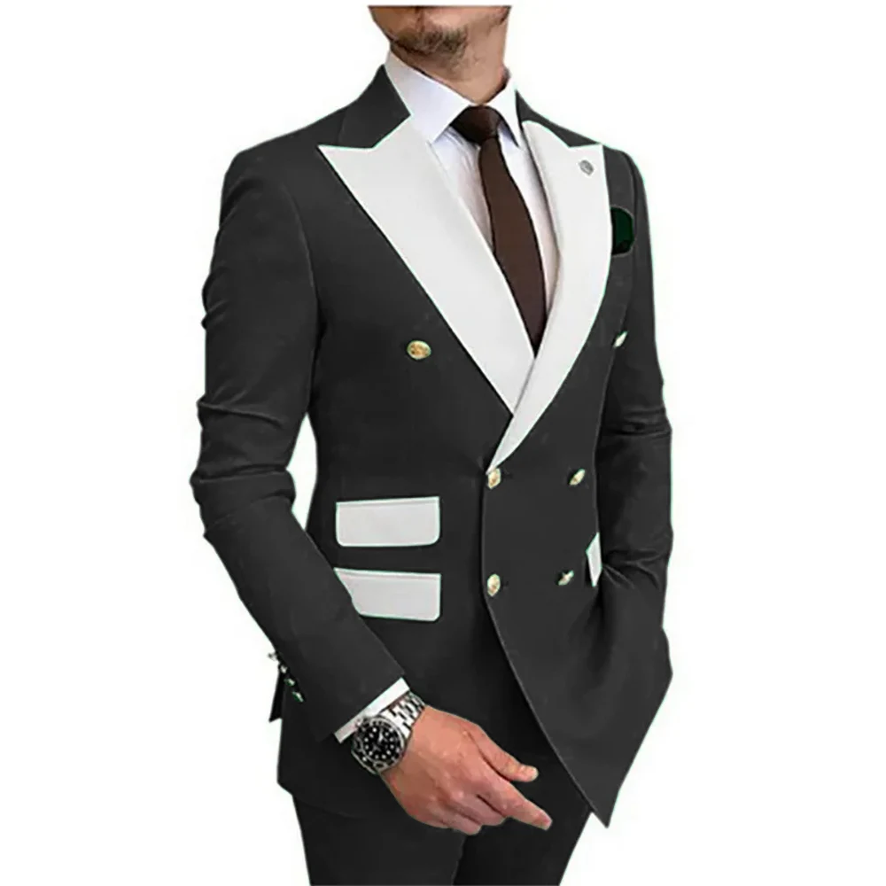 

Black Men Suits Slim Fit Double Breasted Peaked Lapel Groomsmen Wedding Tuxedos Groom Party Prom Best Man Costume Homme