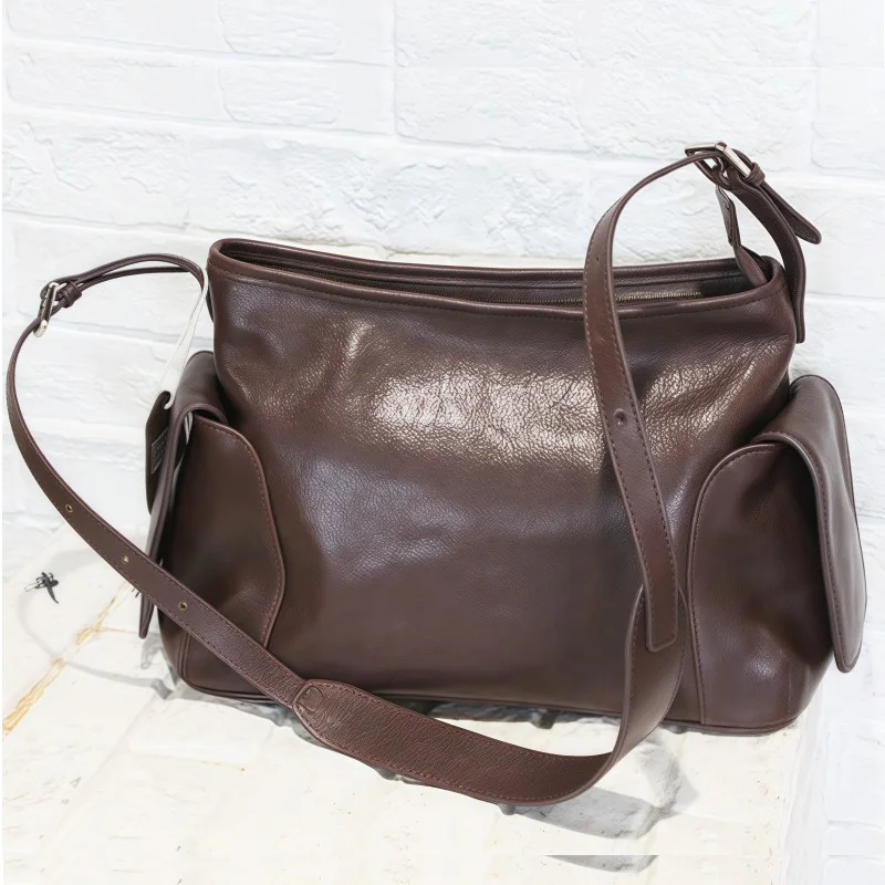 

Versatile Cowhide Tote Bag Women Shoulder Crossbody Bag High Quality Vegetable Tanned Leather Commuter Work Messenger Bag Luxury