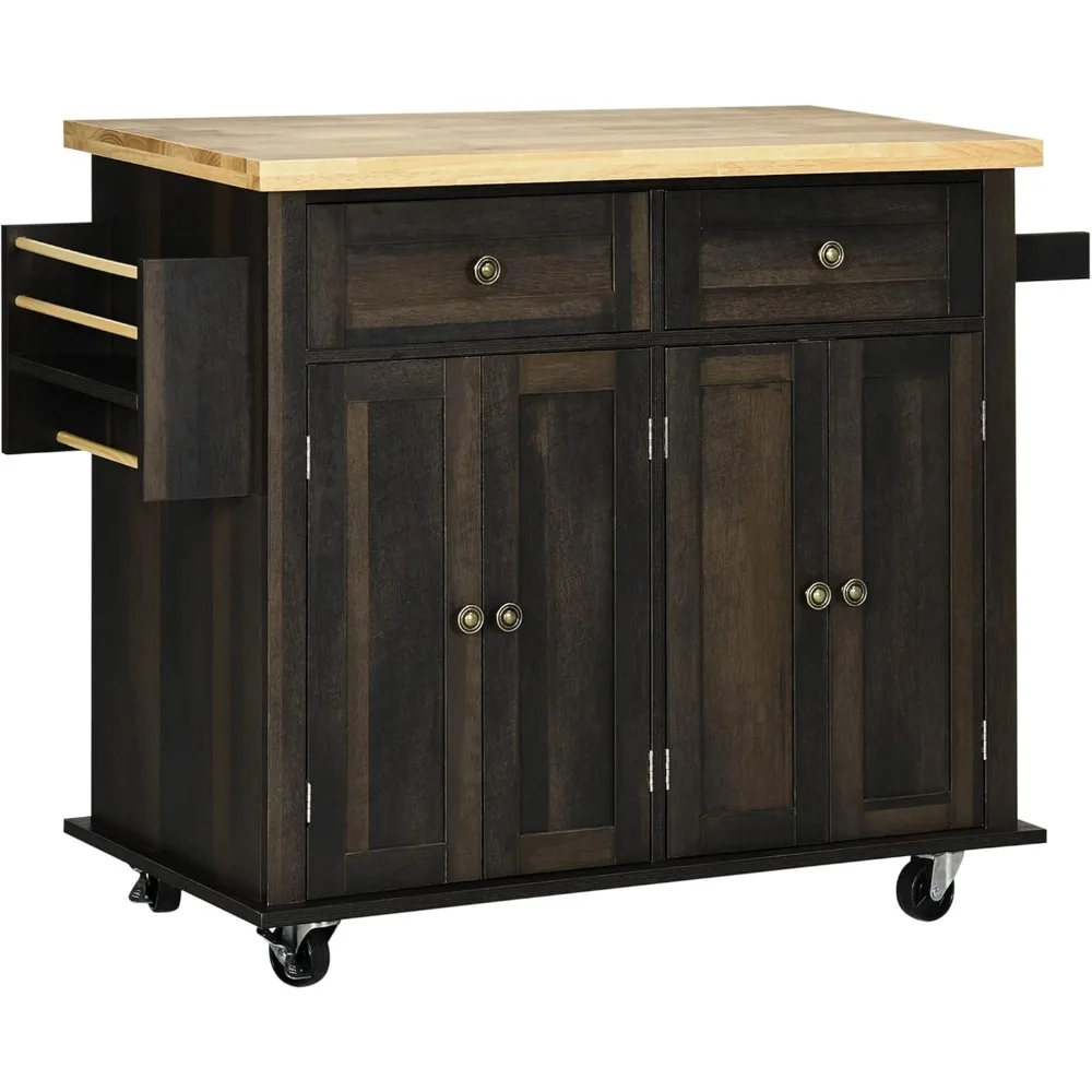 Kitchen Island on Wheels, Rolling Cart with Rubberwood Top, Spice Rack, Towel Rack and Drawers for Dining Room, Brown Oak