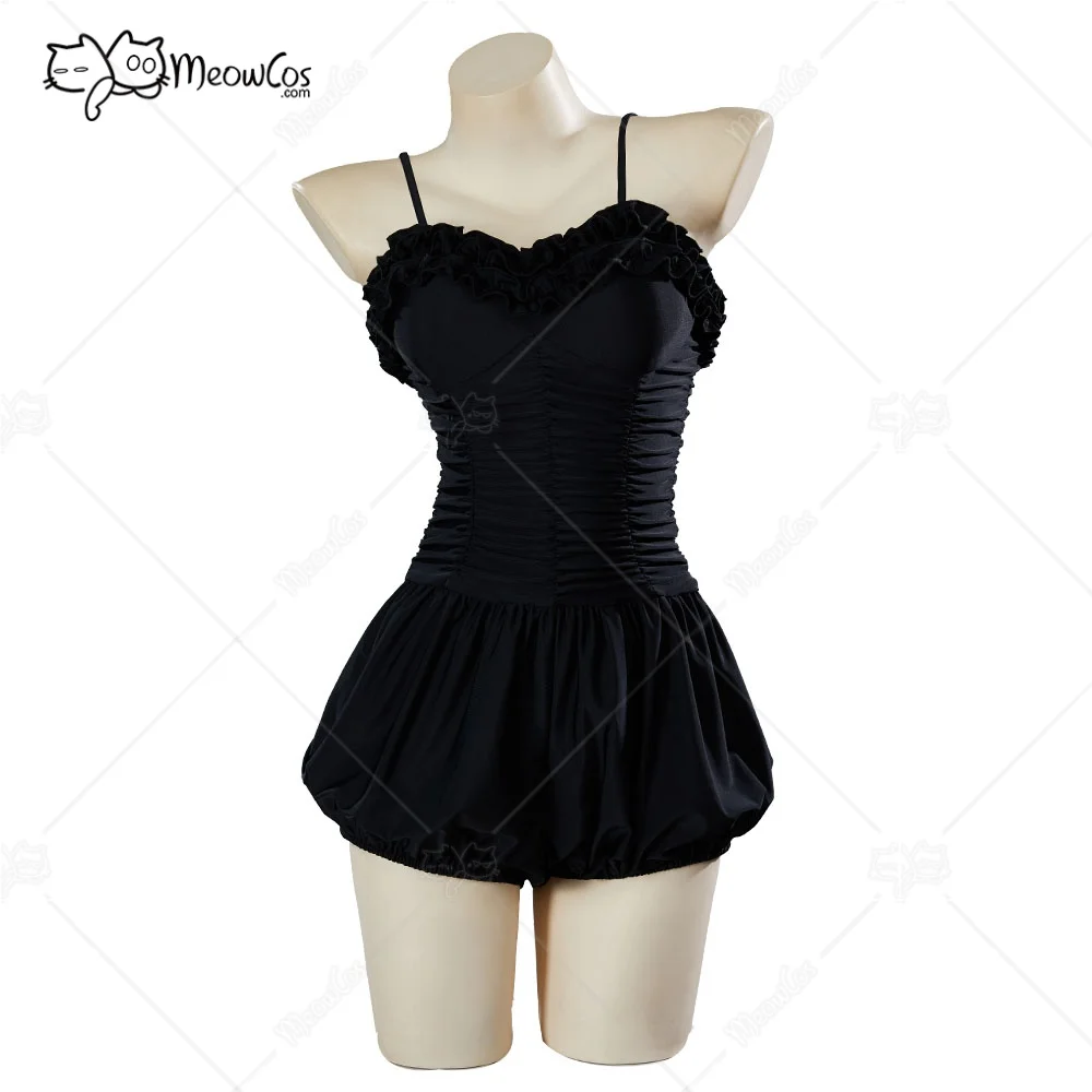 

Meowcos Women‘s Gothic Black Vintage Style One-Piece Swimsuit Ruffled Lace Bathing Suit with Straps