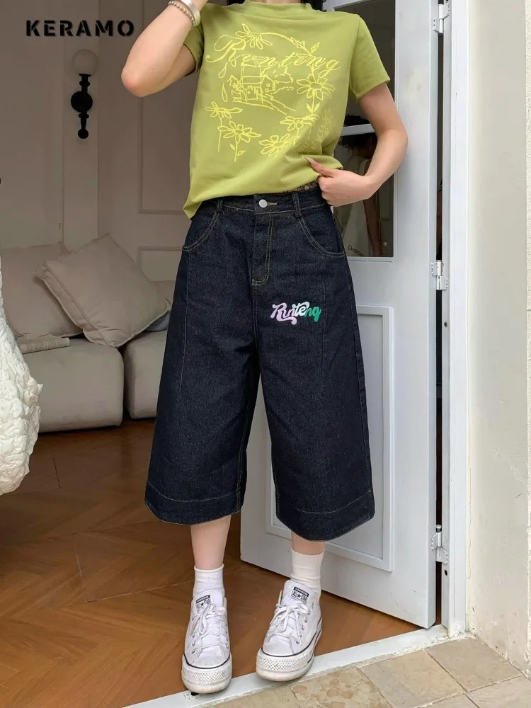 Y2K Style Harajuku Plaid Patchwork jean femme décontracté 2000S mollet longueur pantalon 2025 été Punk rue Baggy Denim pantalon