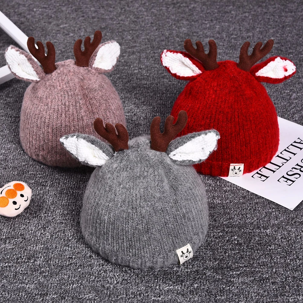 Bonnet en laine pour bébé, chapeau épais avec bois, accessoires d'hiver pour enfants, rouge Adorable pour enfant