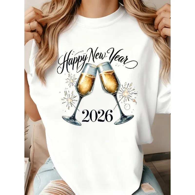 

Ladies' New Year Champagne Celebration Printed T-shirt Gold Champagne&Cheers To The New Year Pattern New Year's Eve T-shirt