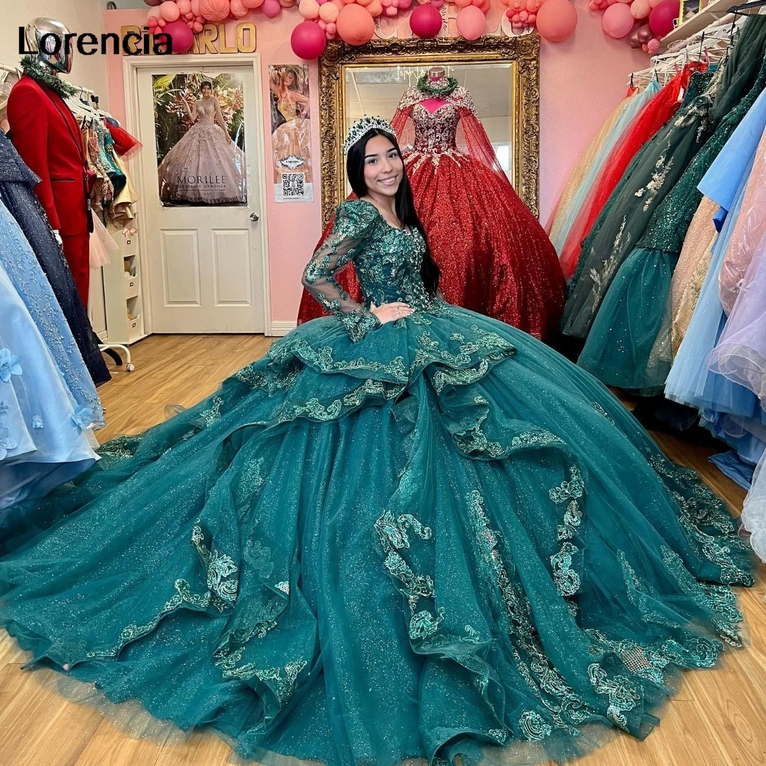 Lorensia gaun manik-manik Applique renda gaun bola gaun Quinceanera hijau zamrud dengan Tiered manis 16 Vestidos De 15 aduduk YQD858