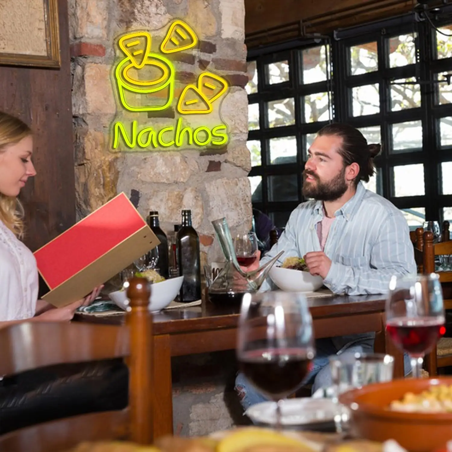 Nachos Letrero de neón Cheesy Delight para decoración de pared Cuenco de queso y patatas fritas de tortilla NACHOS Neón USB regulable para bares Cocina rápida