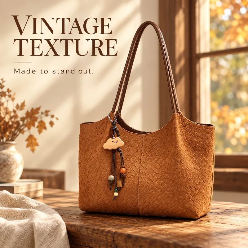 Women Retro Woven Suede Tote Bag Large Capacity Hobo Shoulder Bag With Cloud Bead Pendant Adjustable Strap Casual Daily Handbag