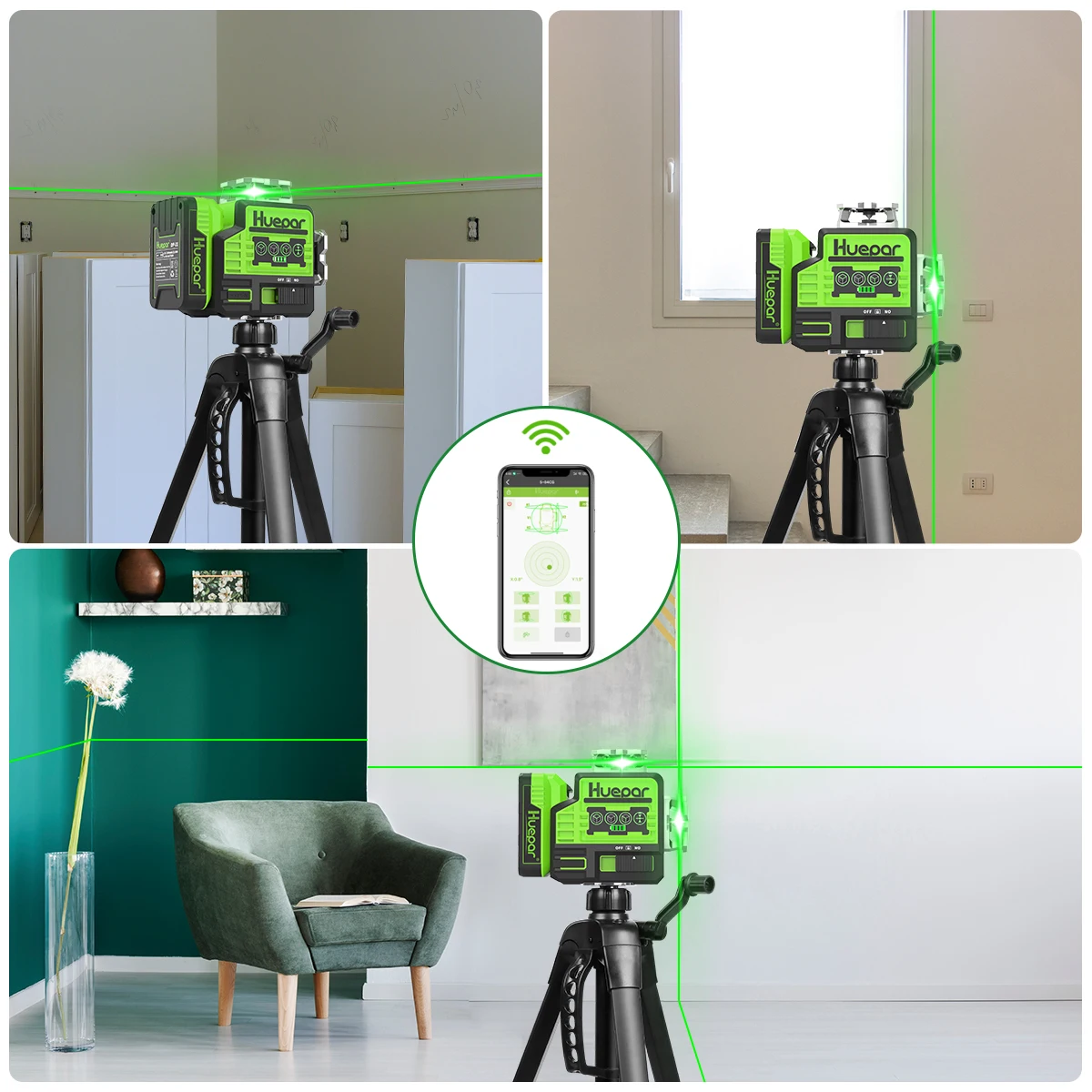 Huepar 8 Lines Laser Level 2D Green Beam Self-leveling with Bluetooth &Pulse Mode