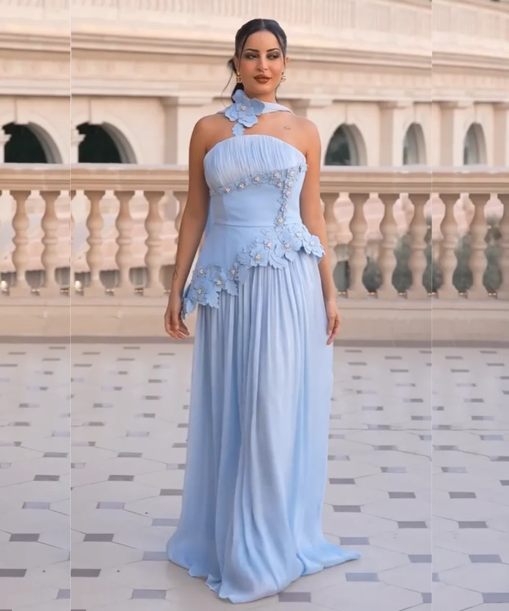 

Customized Sparkle Chiffon Pleat Sequined Flower A-line Strapless Long Bespoke Occasion Party Dresses High Quality