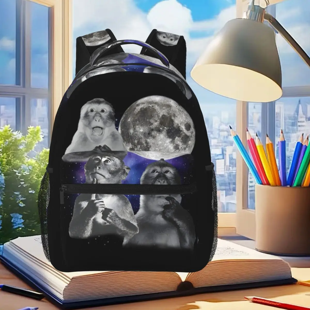 Funny 3 Thinking Monkeys Moon Backpack Student Boys Girls BookBag Children School Bag Laptop Shoulder Bags for Men Women