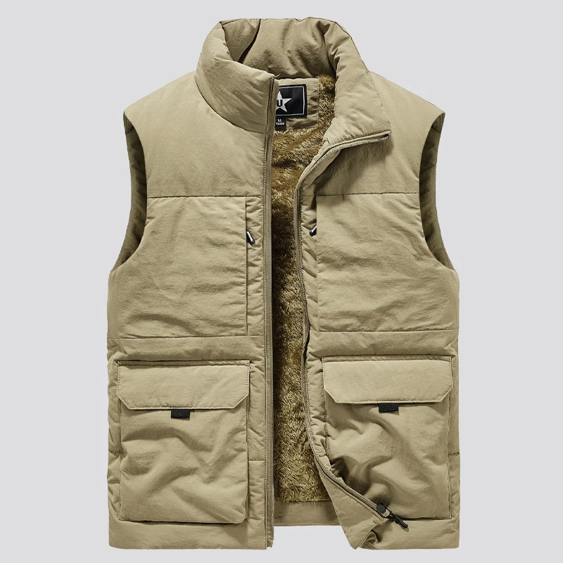 2025 New Men's Multi-pocket Vest Jackets Plus Velvet Sleeveless Stand Collar Coat Fashion Large Size Male Warm Vest Men Clothing