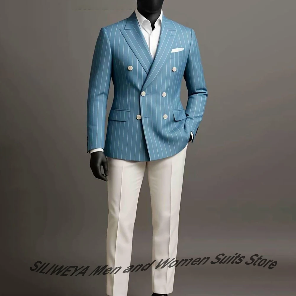 

Professional Men's Blue Pinstripe Blazer Suit 2Pieces(Double-Breasted Jacket+White Pants) Formal Business Wedding Party Outfit