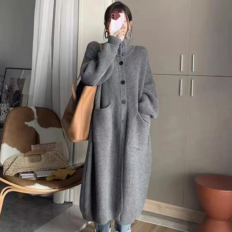 2024 New Vintage Thicken Warm Solid Winter Sweater Coat Loose Long Cardigan Women Korean Style Casual Knit Cardigans 