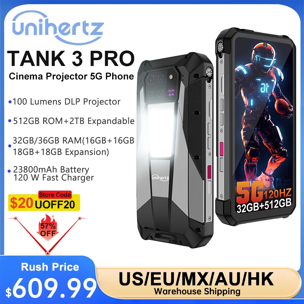Unihertz Tank 3 Pro 8849 5G Projector الهاتف الذكي أندرويد 14 أبعاد الهاتف 8200 36GB 512GB الإصدار العالمي يدعم WiFi 6 NFC