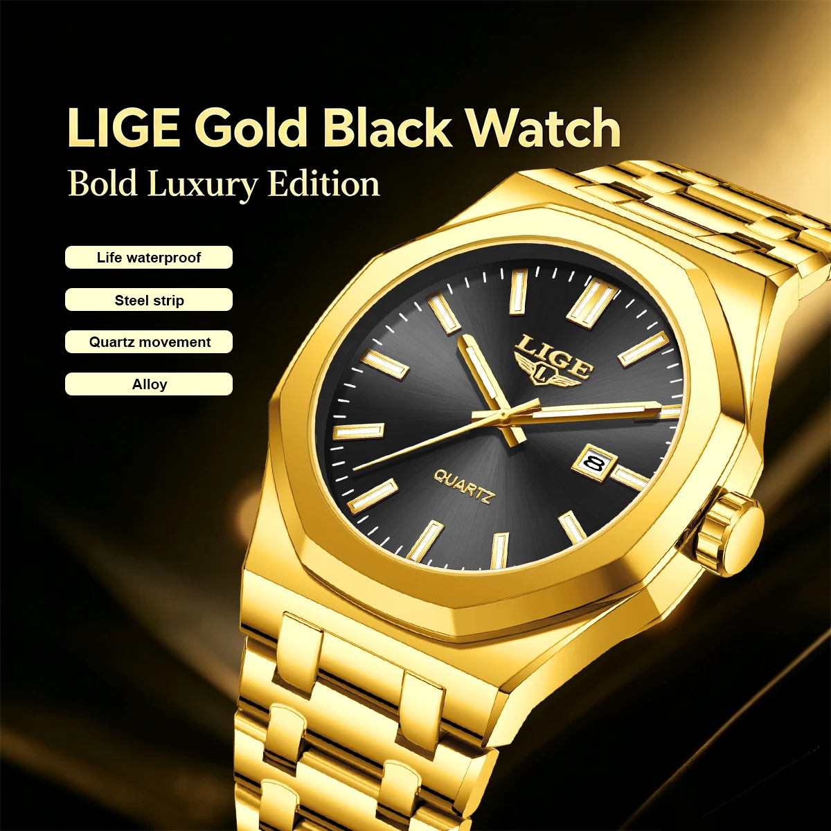 lige（リゲ）メンズ腕時計、高級ブランド、防水、ステンレススチール、夜光、ビジネス向け、ファッション、クォーツ式、メンズリストウォッチ、ボックス付き。
