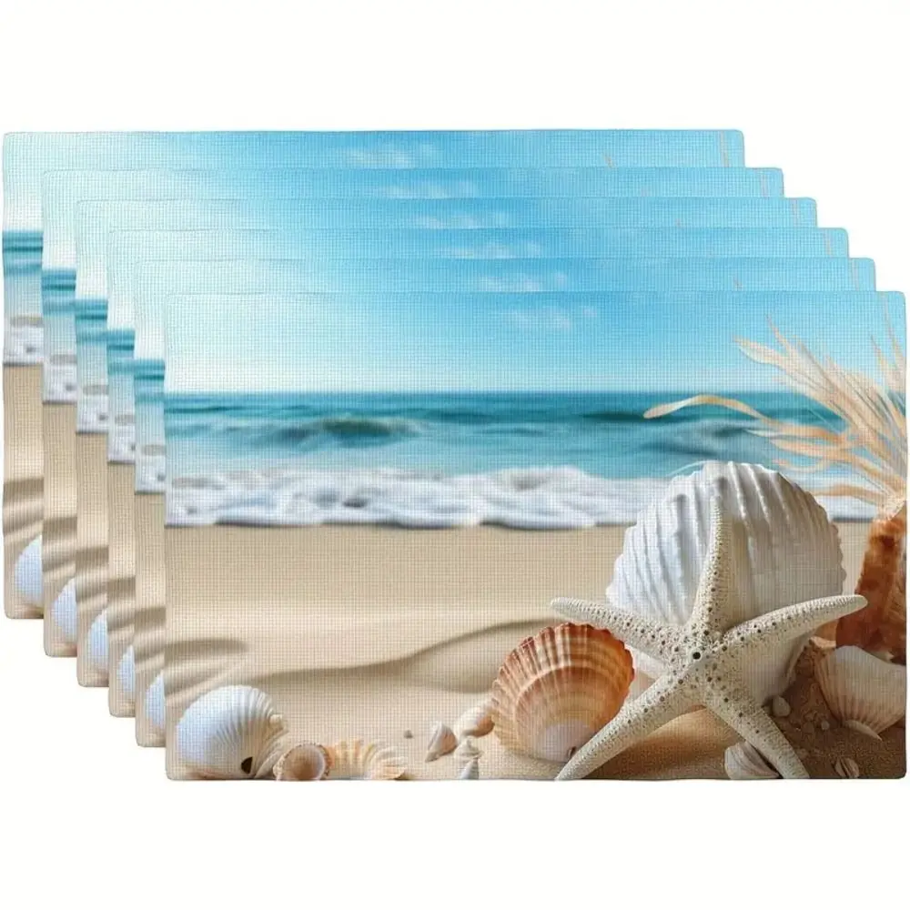 Dining Table Seashells Summer Beach Placemat Anti Slip Oil Proof Table Mat Heat Resistant Blue Linen Placemat Household