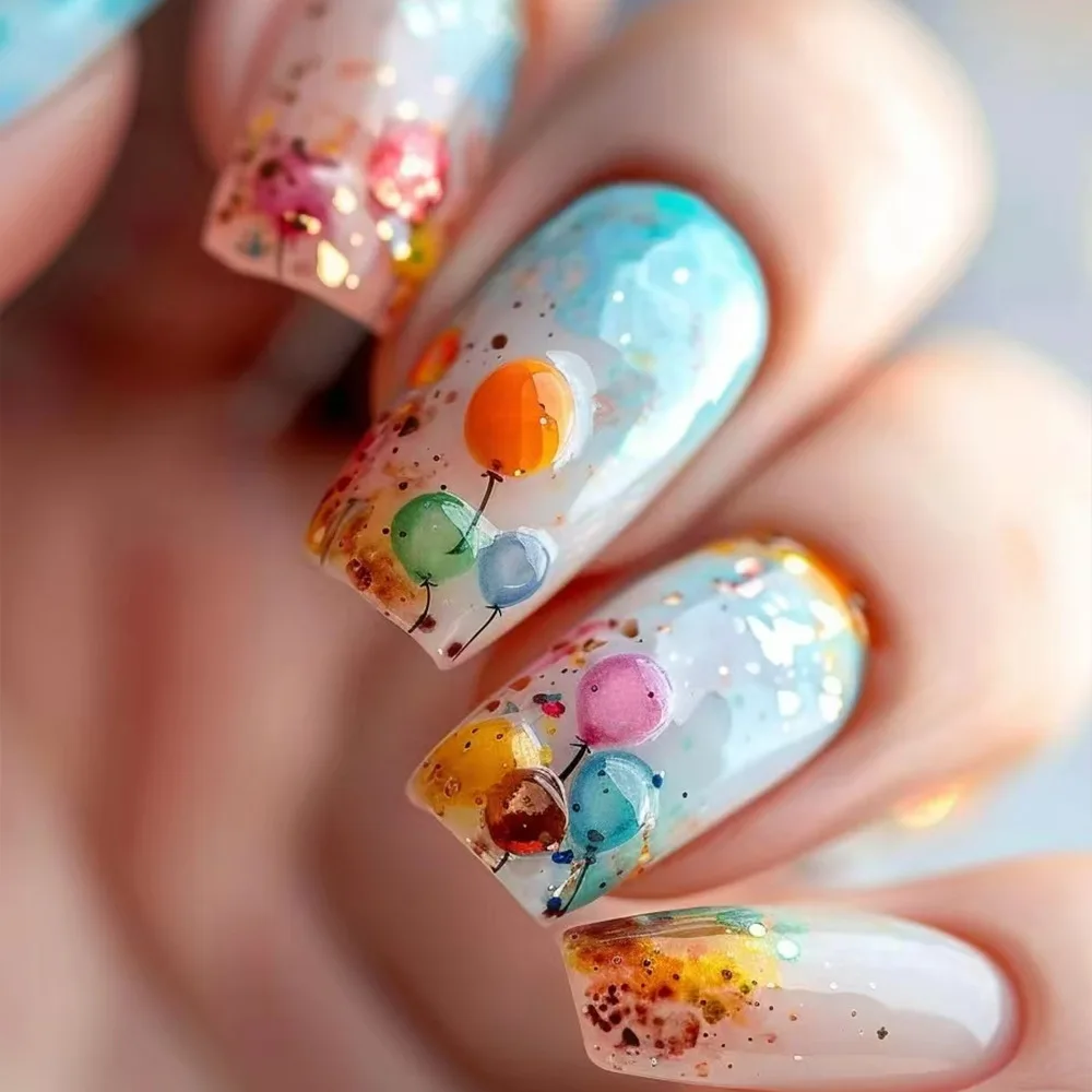 

24PCS Colorful Gradient French False Nails with Glue Candy Balloon Medium Square Fake Nails for Women Wearable Press on Nail Set