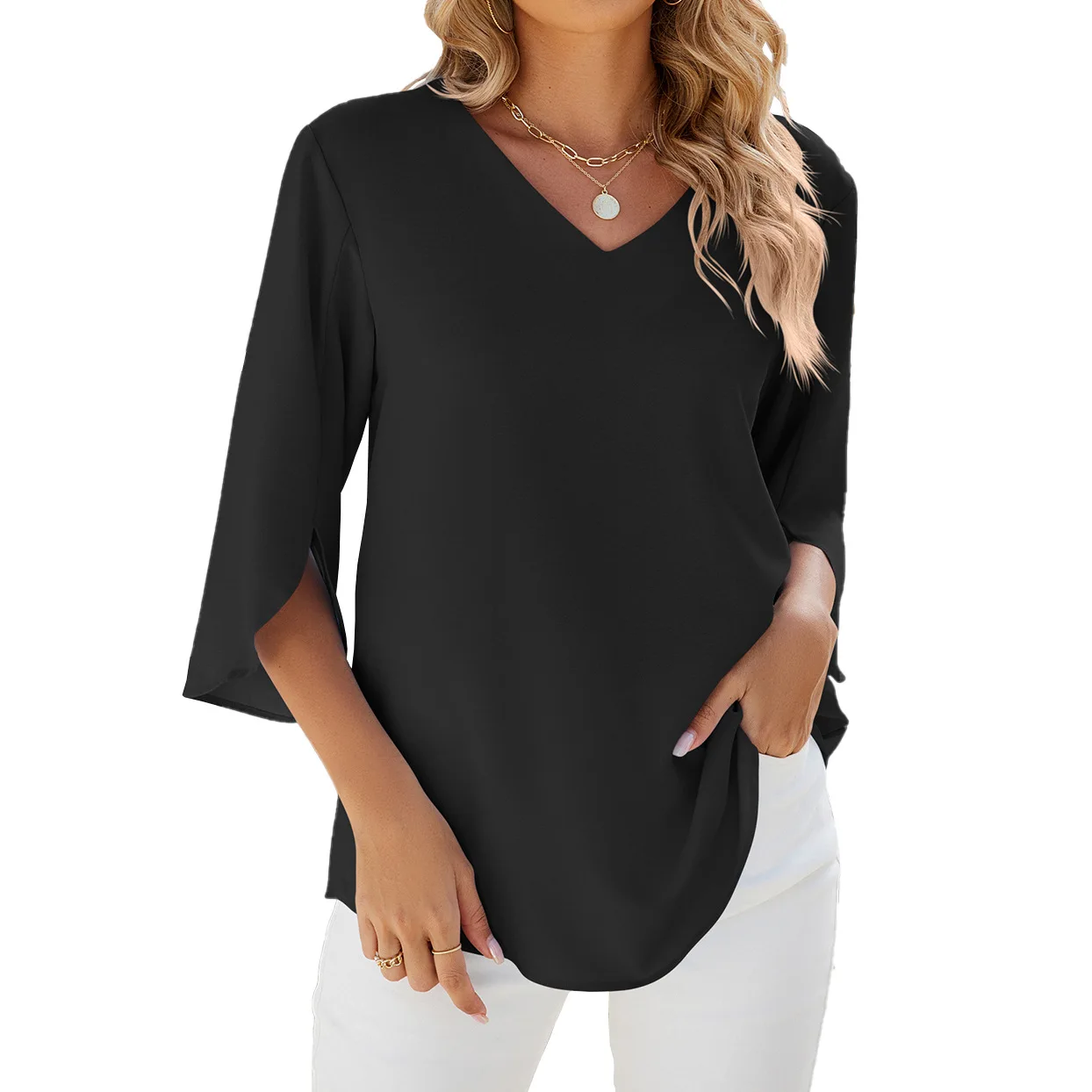 Top holgado de manga media con cuello en V para mujer, Color sólido, primavera y verano