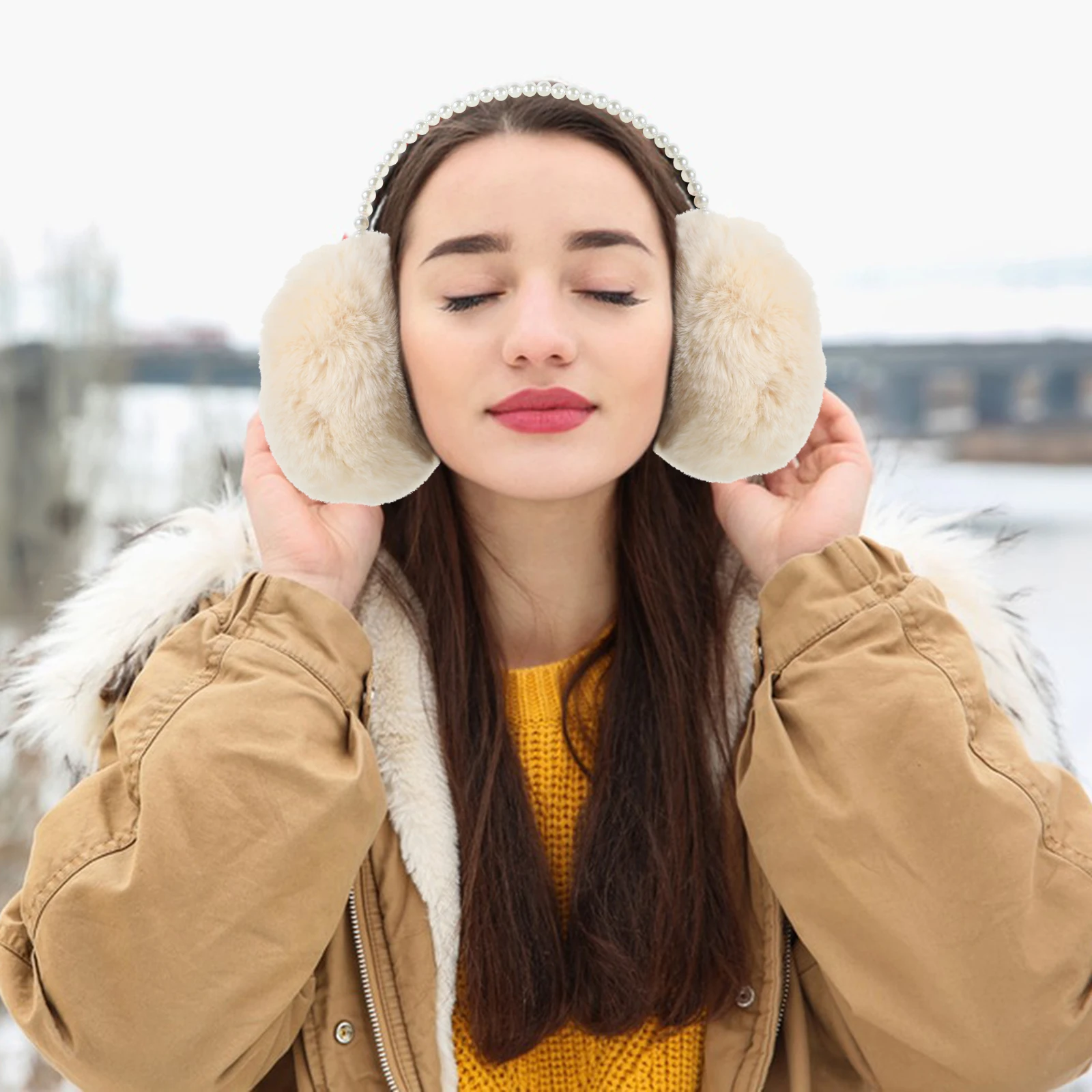

Earmuffs Ear Warmer Beige Pearl Cover Women Girl Sports Lovely Headband Winter Warm Ears Fashion Sweater Scarf Gift Unique
