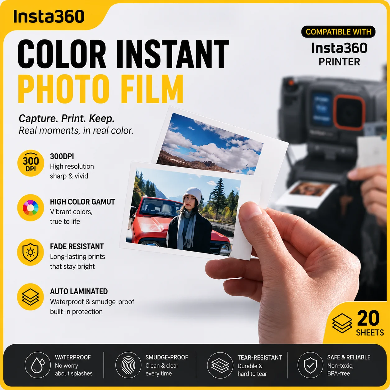 20 Vellen Kleur Instant Fotofilm voor Insta360 Printer 300DPI Hoog Kleurengamma Auto Gelamineerd Vervagingsbestendig Papier