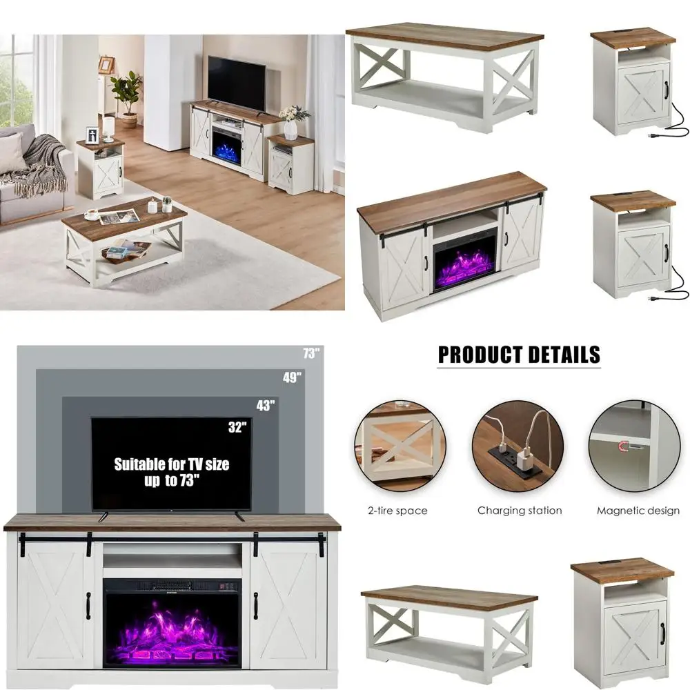 

5-Piece Distressed White Armhouse Table Set: TV Stand, Coffee Table, 2 End Tables with Charging & USB Ports
