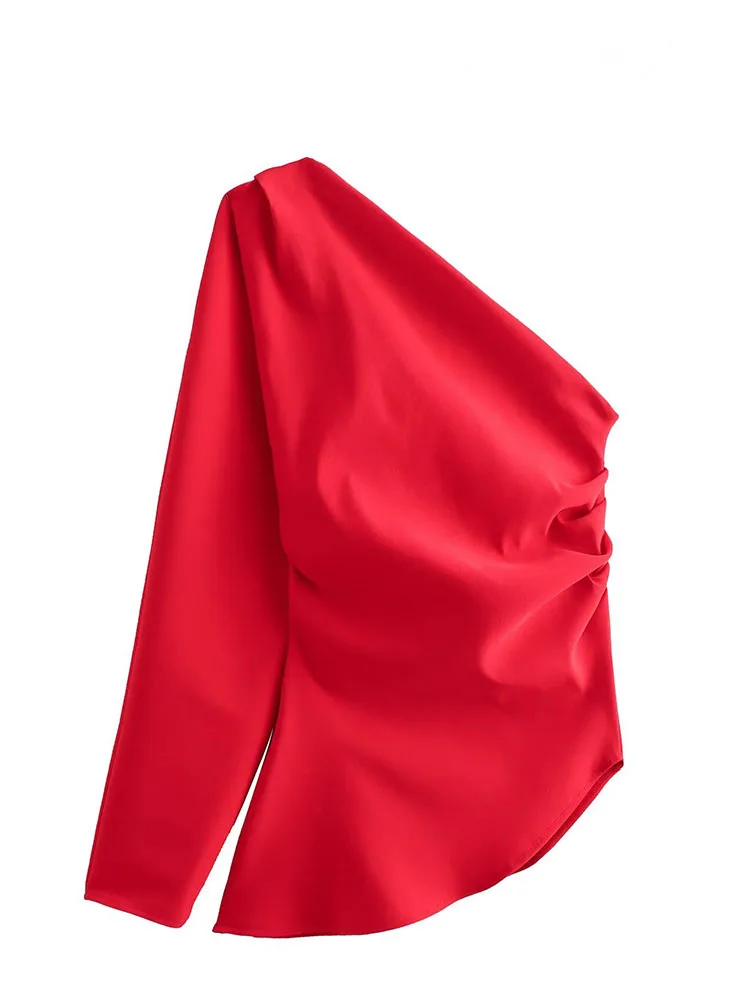 HH أزياء الخريف النسائية الصلبة 5 ألوان طيات غير متناظرة واحدة الكتف القمم الإناث تصميم غير رسمي الشعور مطوي الديكور