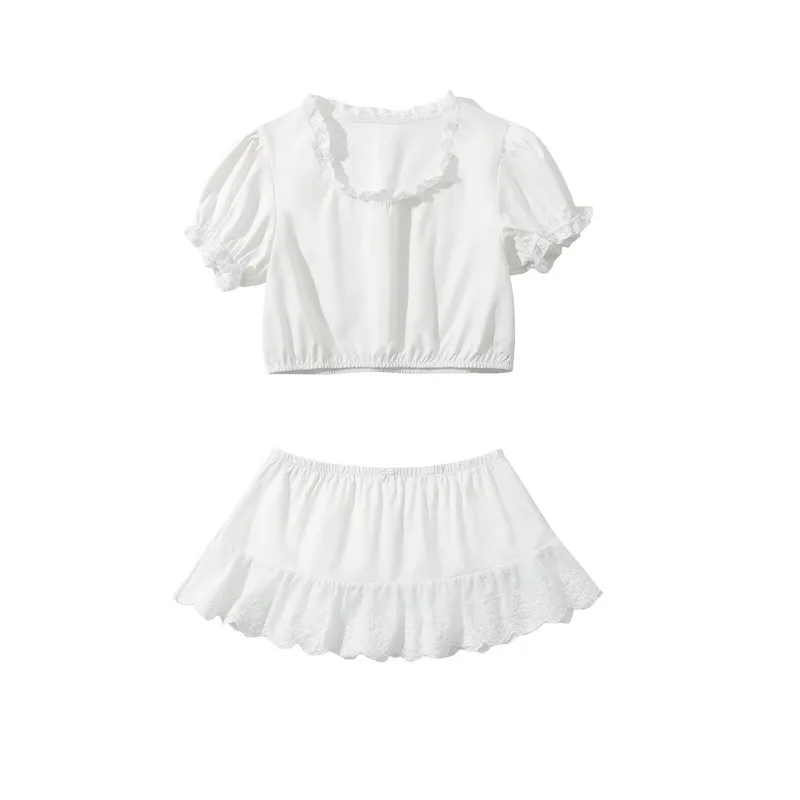 

Кружевной топ с пышными рукавами, модная кружевная юбка, элегантный комплект из двух предметов