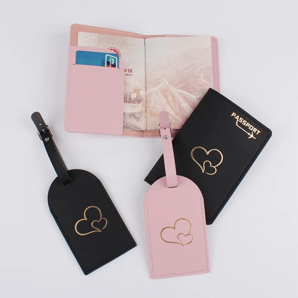 Hot Stamping Loving Heart Passport Cover Luggage Tag Couple Wedding Passport Cover Case Set Letter Travel Holder Passport Cover