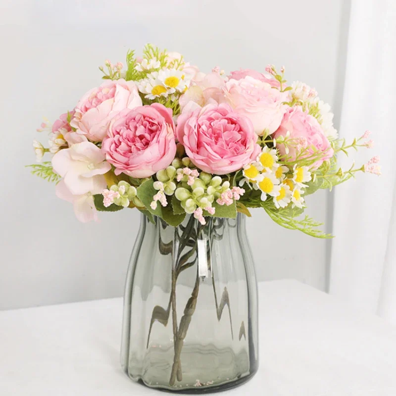 Artificial Flower Vase for Home Decoration Accessories Wedding Scrapbook Peony Candy Box Arrangement Christmas Silk Rose Bouquet