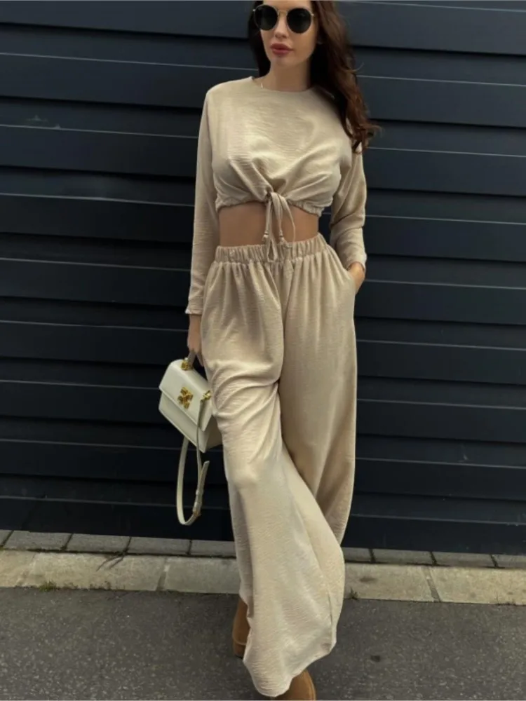 

Drawstring Crop Top + Wide Leg Pant Set New Fashion Women Suit Spring Autumn Lantern Sleeve T-shirts Loose Trouser Female Outfit