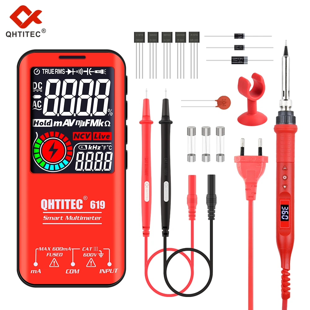 QHTITEC multimetro digitale saldatore Kit 5999 Tester di conteggio ricarica USB T-RMS DC AC misuratore di condensatore di tensione Ohm NCV