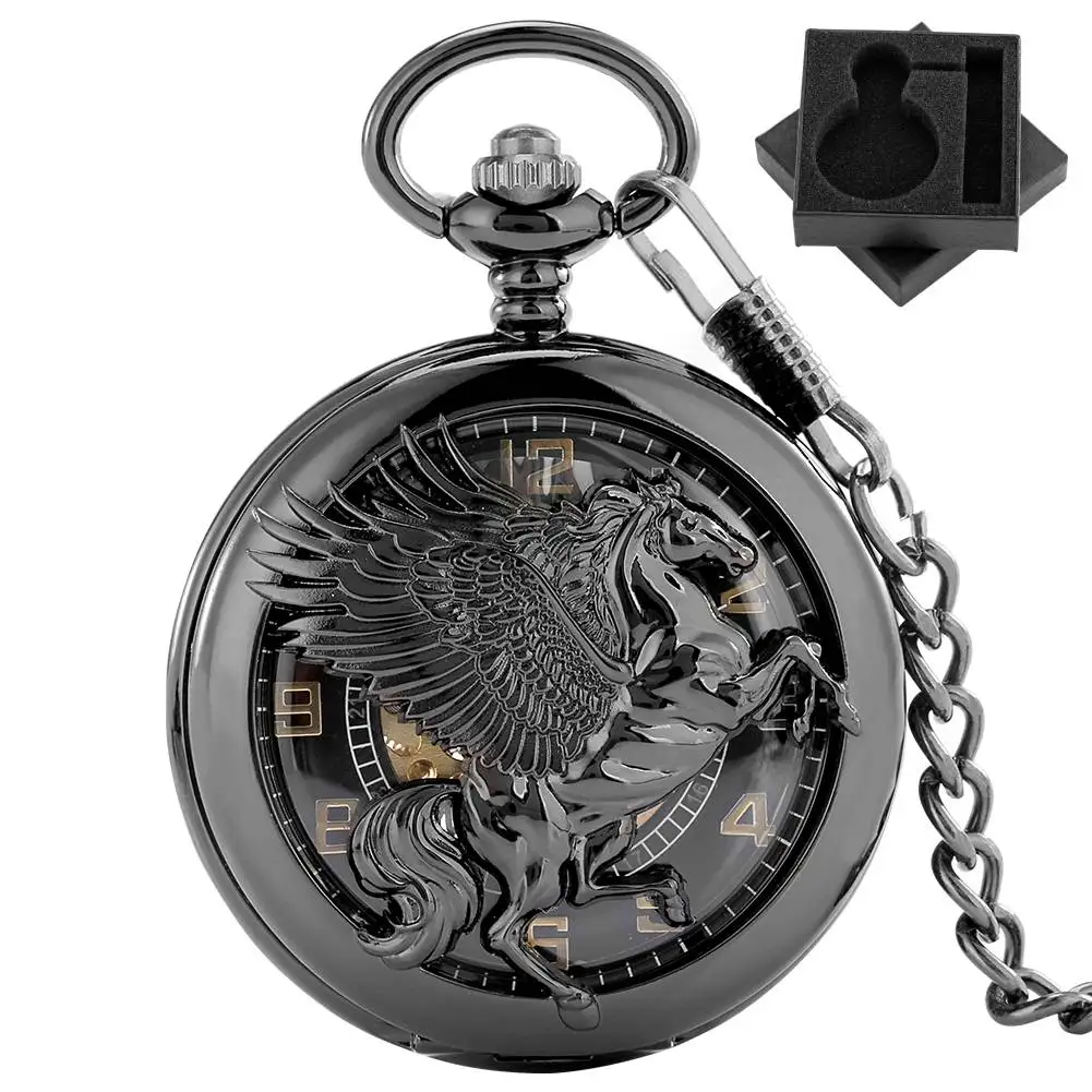 Black/Bronze Fly Horse Half Hunter Mechanical Hand Winding Pocket Watch Arabic Numerals Dial Fob Chain Pendant Pocket Timepiece