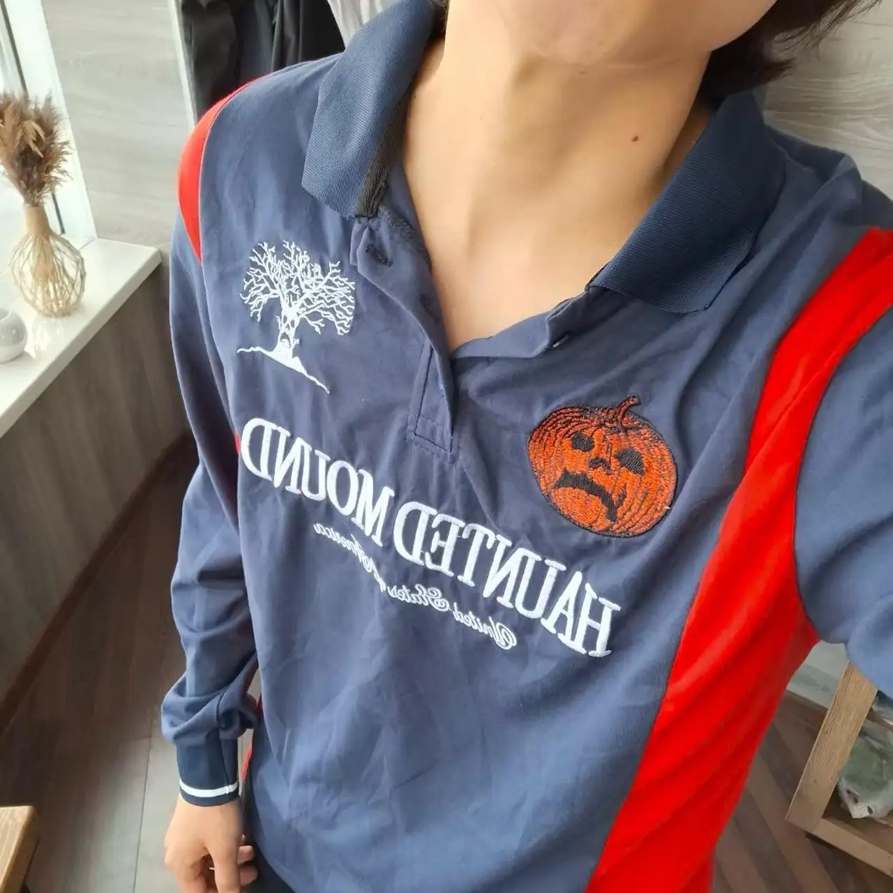 Haunted Mound Homens Retro Camisa Polo de Manga Longa Y2k Casual