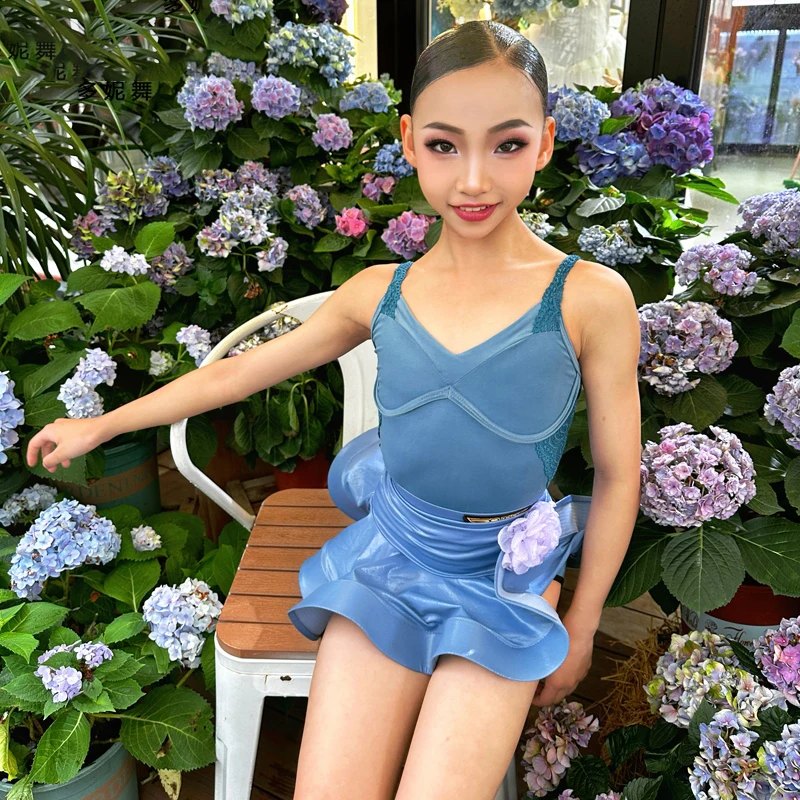 

Children's Blue Suspender Tango Waltz Dance Costume Girls National Standard Latin Dance Competition Clothing Stage Wear VBH1708