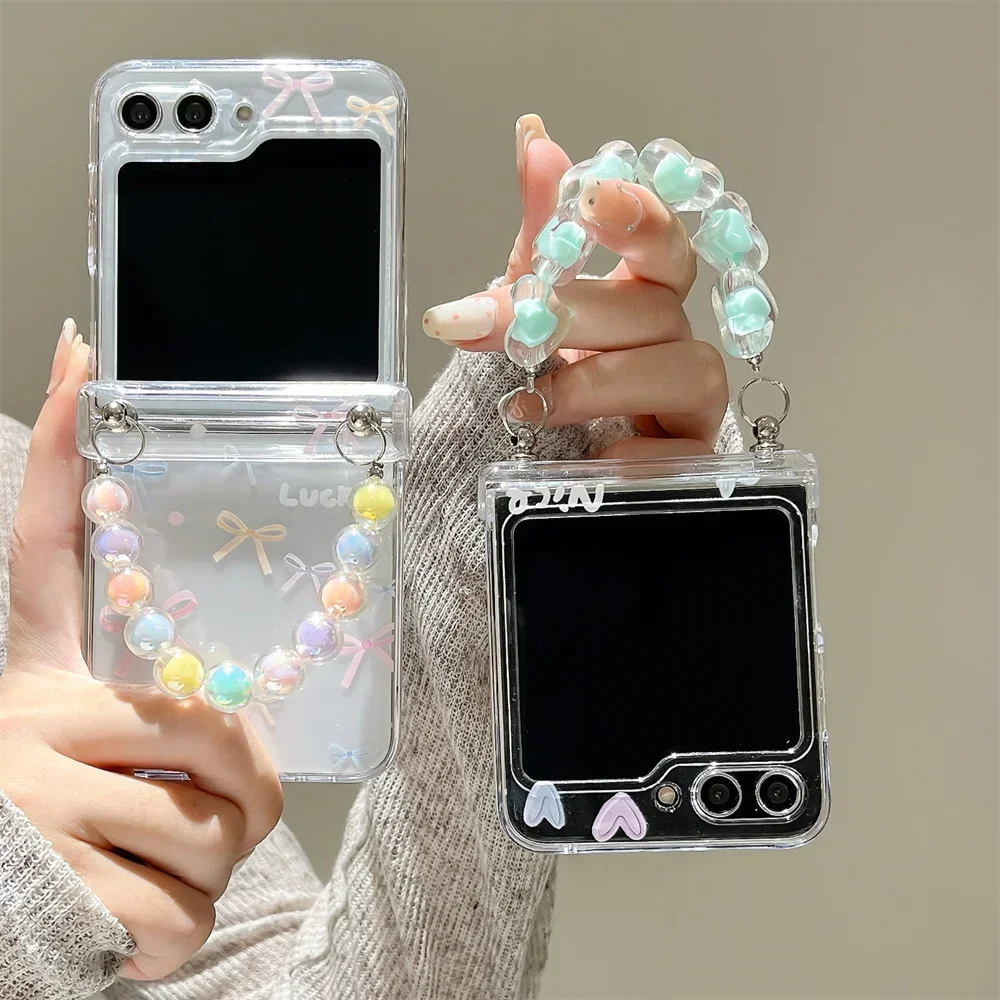 Cute Butterfly Love Heart Phone Case with Wrist Strap For Samsung Galaxy Z Flip 6 5 4 3 5G Hinge Protection Clear Hard Cover