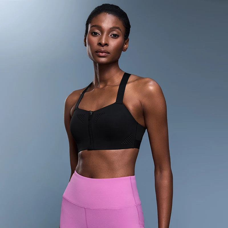 حمالة صدر رياضية نسائية بسحاب من قطعة واحدة مقاومة للصدمات وأشرطة كتف قابلة للتعديل ومضادة للترهل ملابس داخلية لليوجا وظهر جميل