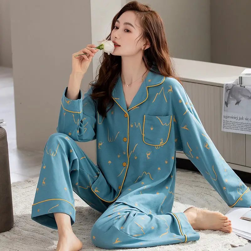 Spring Autumn Women's Imitation Cotton Pajamas Lapel Long Sleeve Cardigan Pants Loose Home Clothing Girls Cute Sweet Sleepwear